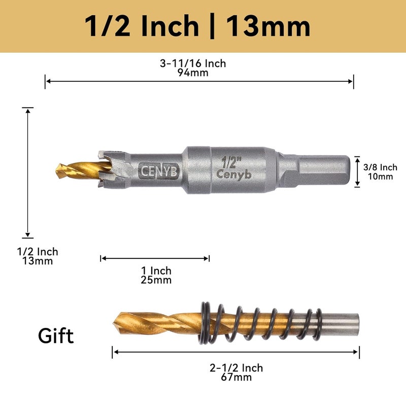 cenyb 1/2" (13mm) Tungsten Carbide Tipped Hole Saw with 2Pcs Titanium-Plated Pilot Drill Bits for Hard Metal,Stainless Steel,Iron,Aluminum Alloy,Wood and Plastic - Image 2